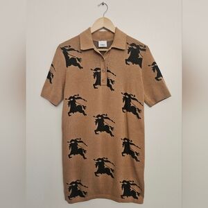 Burberry Camel EKD Jacquard Knit Polo Shirt Dress Silk Blend Size Large Italy